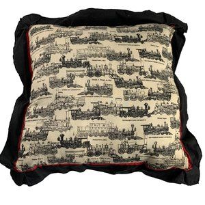 Vintage Train Locomotive Throw Pillow White Red Black Ruffle Retro 19.5" Square